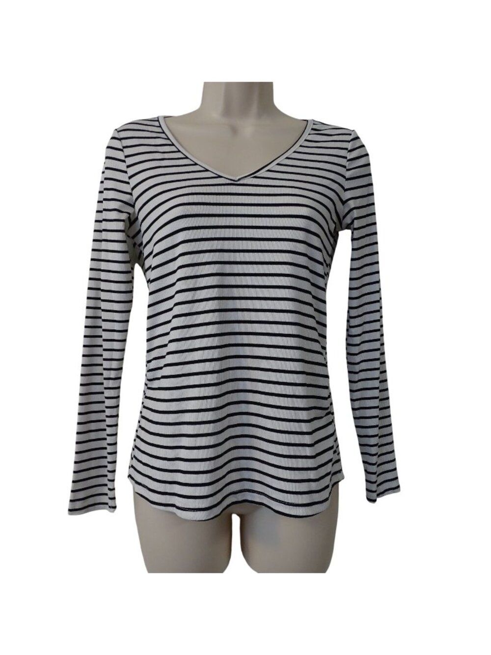 Shein Black White Striped Long Sleeve V-Neck Ribbed Top Women Size XS 2 Stretch